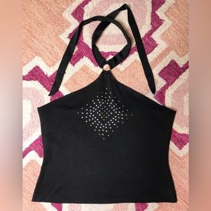 Pssst Black Large Gemstone Rhinestone 90s vintage halter O-Ring top Made in USA